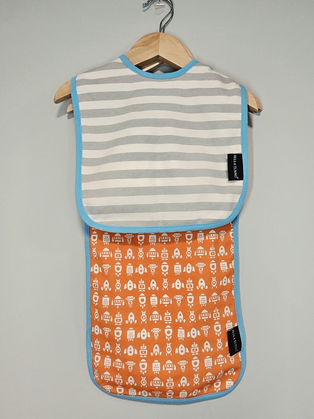 Bella Tunno Kids Two-Tone Feeding Bib with Orange Robot Print Reversible Cotton.
